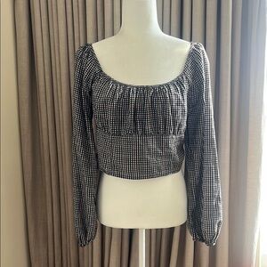 Hollister Brown Black Gingham Plaid Crop Balloon Sleeve Top